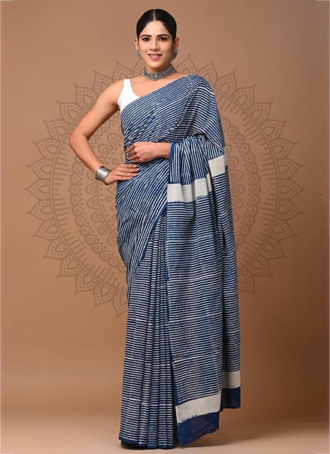 Cotton Blue Daily Wear Printed Saree